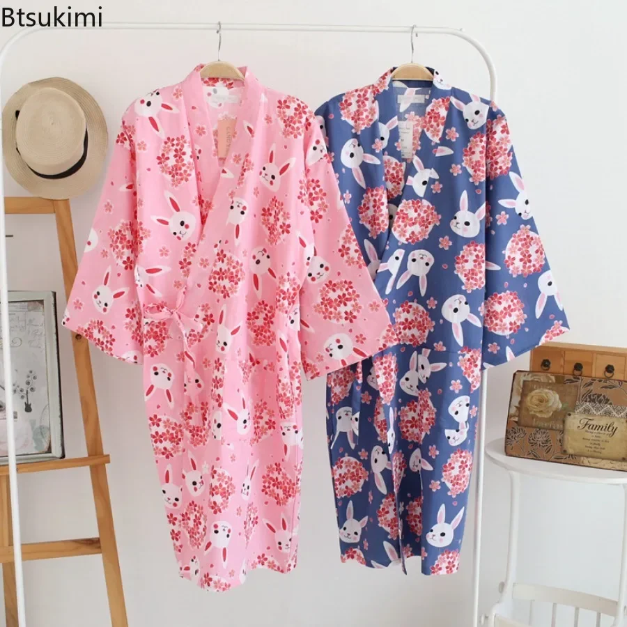 2025 Couple Lounge Nightgown Japanese-style Kimono Pajama Robes Cozy 100% Cotton Gauze Sleepwear Ladies SPA Yukata Long Homewear