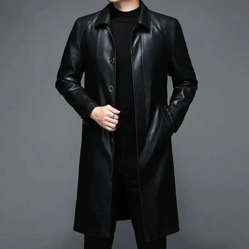 

Мужские куртки из натуральной кожи, осенне-зимняя мужская одежда, модная повседневная длинная куртка, теплая плюшевая ветровка куртка мужская