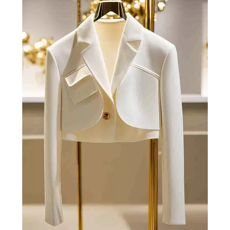 سترة نسائية بيضاء بأكمام طويلة وطية صدر السترة سترة غير رسمية أنيقة بدلة قصيرة معطف خريف 2025 موضة Y2K ملابس خارجية للسيدات