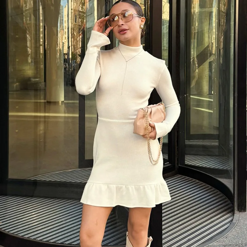 

Talenza Fashion Ruffled Mini Dress Women's Solid Bodycon Elegant Long Sleeve Dresses New Sexy High-Waisted Female Party Dresses