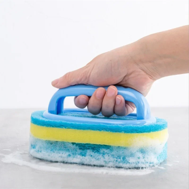 Sponge Cleaning Brush with Handle Thickened Stain Removing Clean Brush Pot Tile Kitchen Toilet Bathroom Cleaning Sponge Wipe