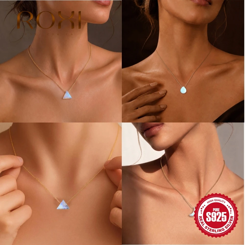ROXI 1PC 925 Sterling Silver Moon Triangle Water‑Drop Pendant Necklace For Women Daily Party Gift Hypoallergenic