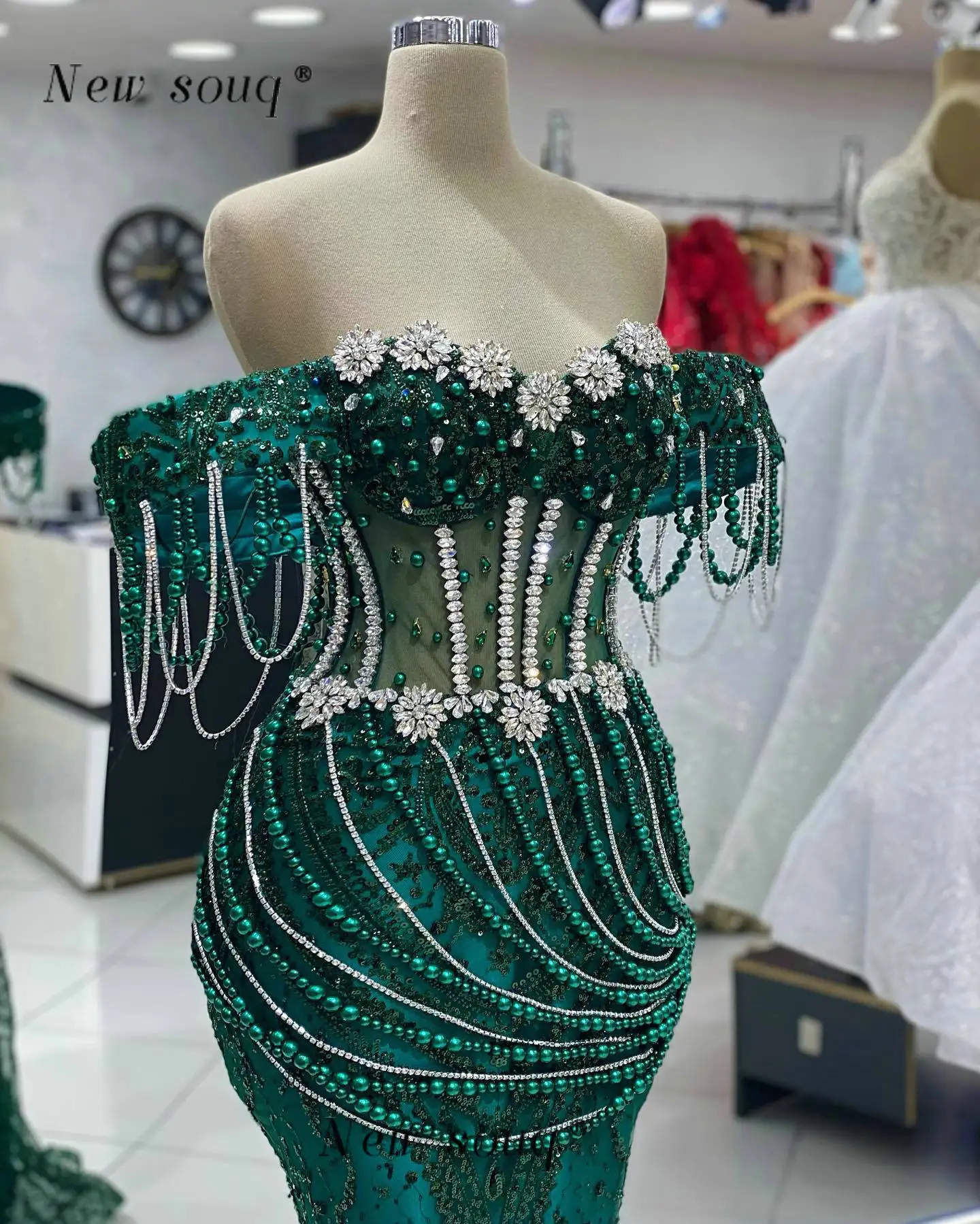 Formal Green Crystals Off the Shoulder Evening Dresses for Women Wedding Party Pearls Long Corset Sequined Night Party Gowns