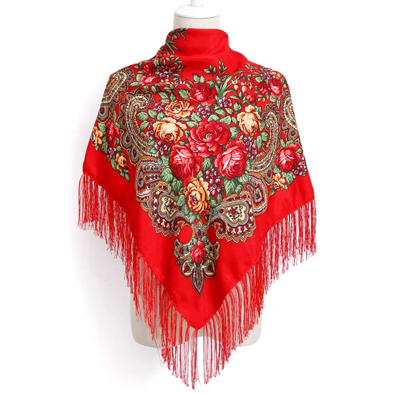 

Square Shawl Flower Scarf for Women Large-sized Hijab Retro Printed Tassels Warp Warm Autumn and Winter Cape Bufandas Poncho