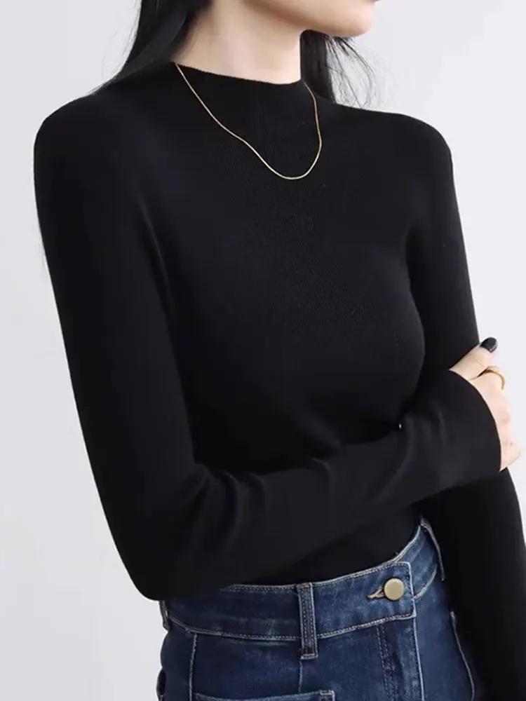 Slim Fit Warm round Ne Long Sve Base irt Women's Pure Color Simple Sle Autumn Winter New Faion Ele Inner Wear
