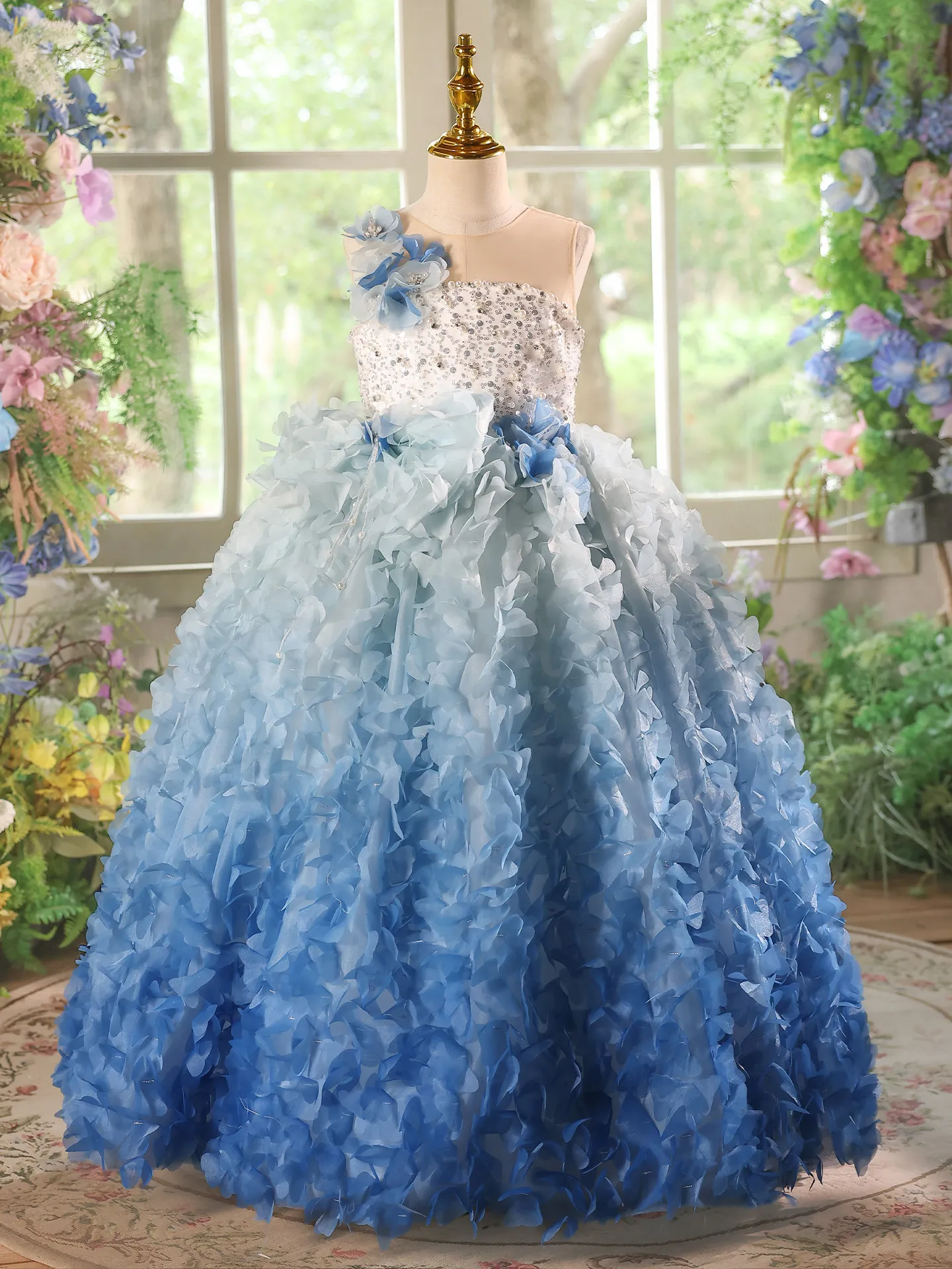 Custom Flower Girl Dress Wedding Gown Birthday Party Pageant Dress One Shoulder Sequin 3D Floral Ruffled Tulle Ball Gown Princes
