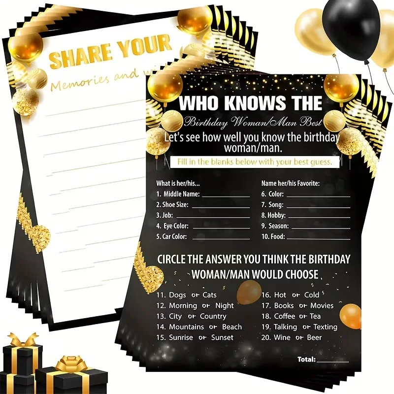 10/20/30 Stück „Wer weißes am besten über den Geburtstag?“-Spielkarten für Frauen und Männer, Schwarz-Gold, Giveaway-Event, Notizbuch-Thema, Giveaway-Spielzubehör