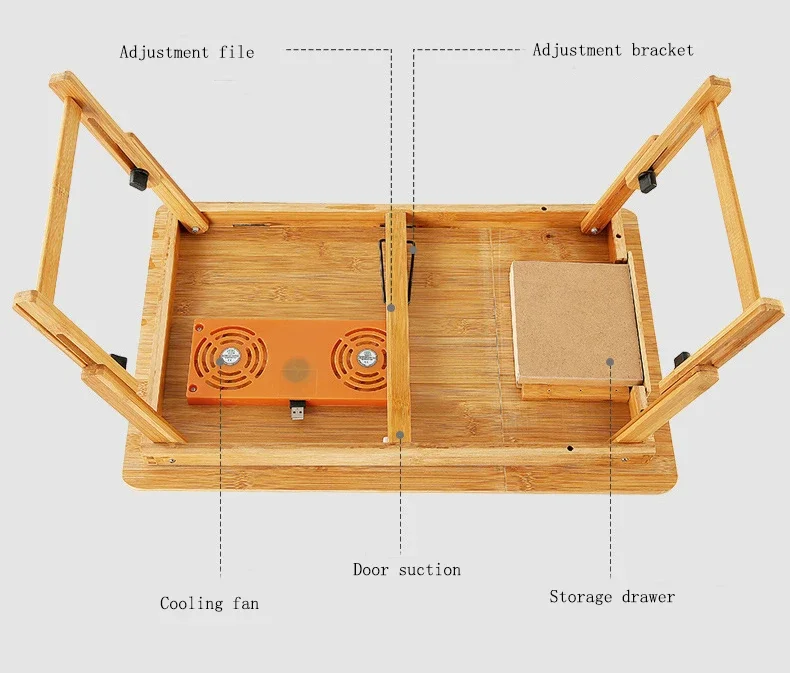 Escritorio ajustable para ordenador portátil 100% de bambú con ventilador USB, cama de servicio de desayuno plegable, bandeja con cajones