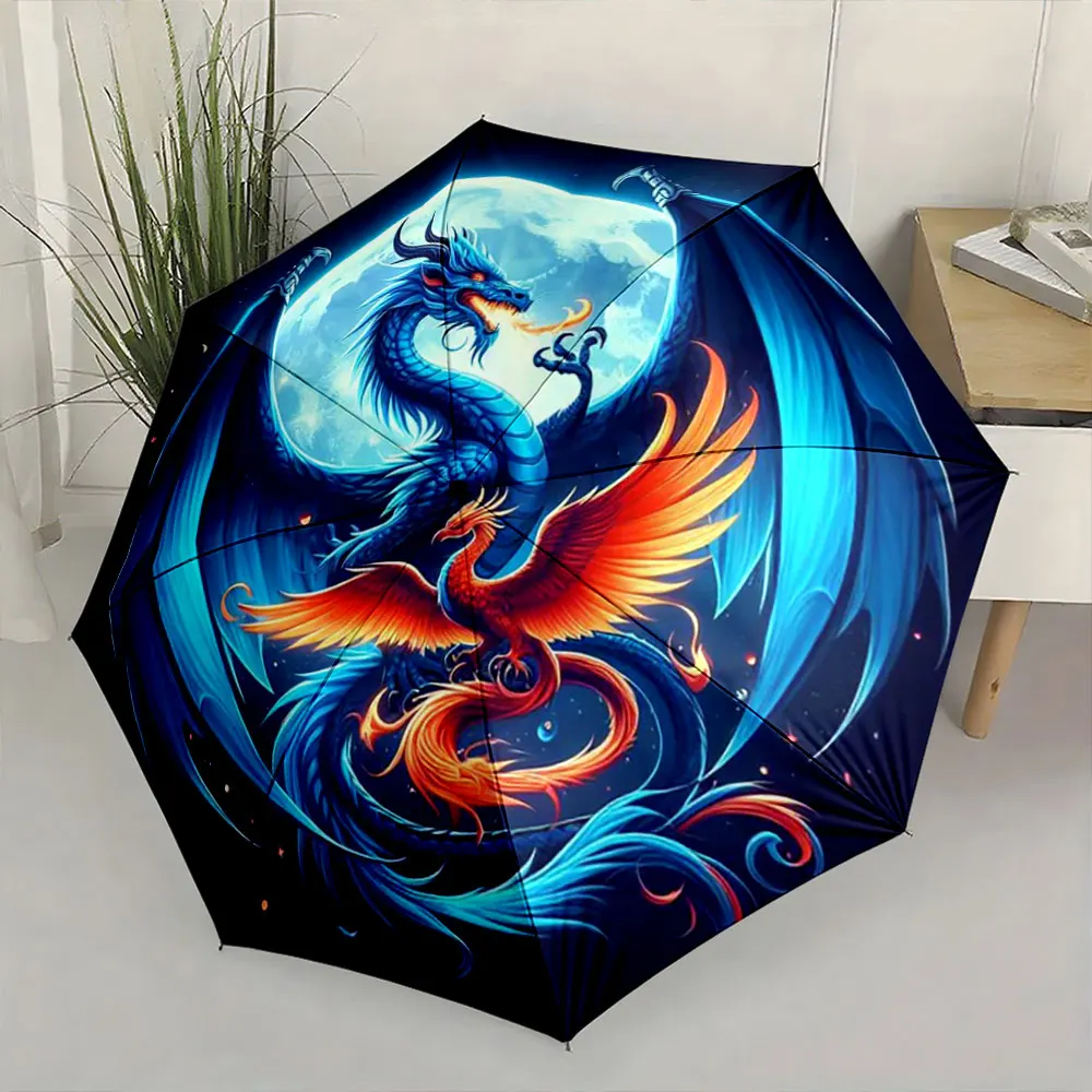 1PC Dragon and Phoenix Umbrella against a Full Moon Night Print 8 Iron Ribs Folding Umbrella Auto-Open Fashion Sunshade