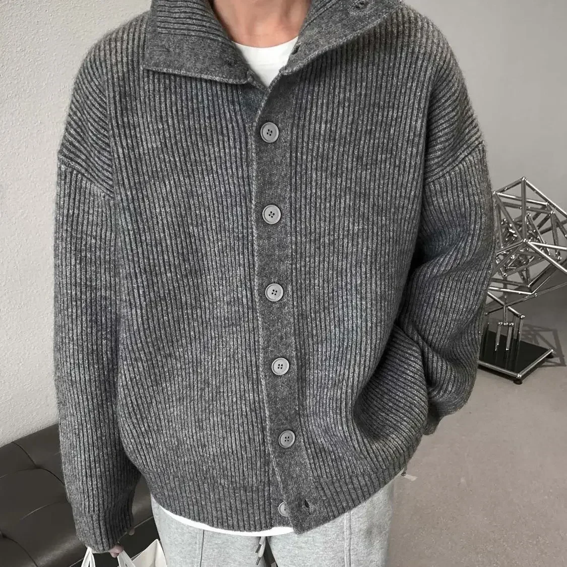 Cárdigan de cuello alto con botones de diseño de estilo coreano para hombres y mujeres, suéter grueso de invierno, chaqueta informal suelta para