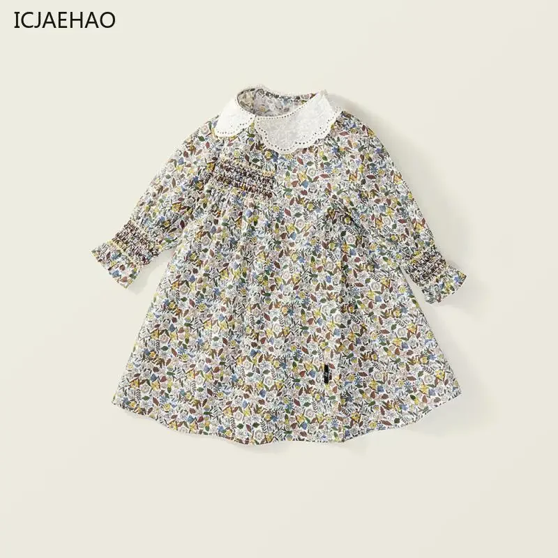 

2025 Girls Baby Floral Printing Dress Children Lace Turn-Down Collar Clothing Princess Long Sleeves New Retro Smocked