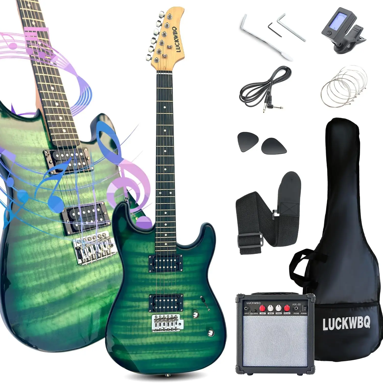 39-Inch Full-Scale ST-Style Electric Guitar Beginner Bundle with HH Humbucker Pickups, 20W Portable Amplifier, Clip-On Tuner, Guitar Bag, Strap, and Accessories (Flame Green)