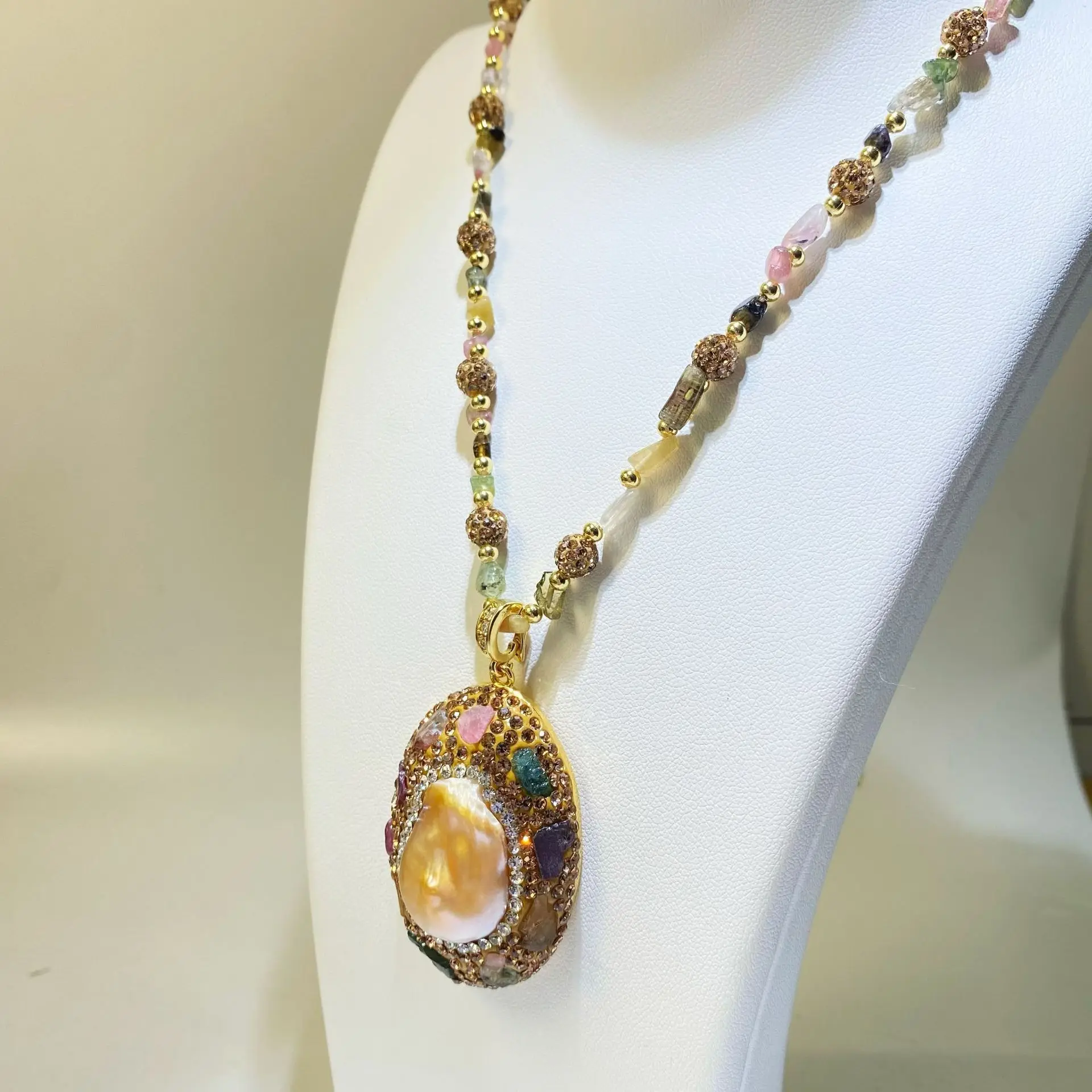 Natural Baroque special-shaped pearl tourmaline chain inlaid with Czech diamond necklace sweater chain handmade design original