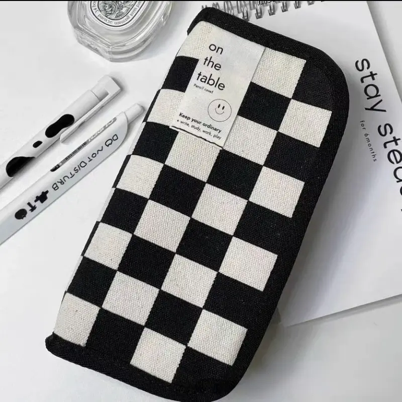 20cm Ins Black and White Checkerboard Grid Large Capacity High Value Storage Pencil Bag Stationery Box