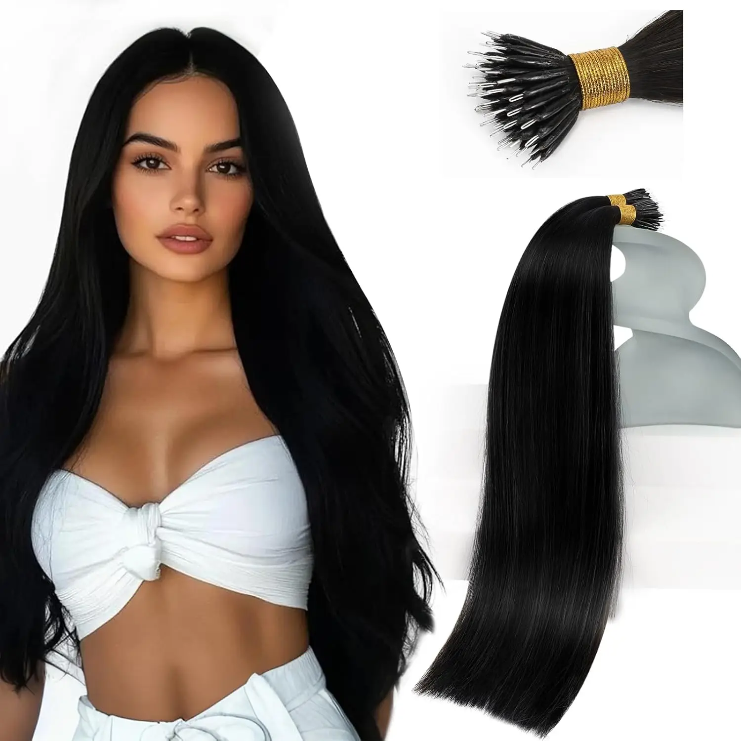 VeSunny حلقة نانو وصلات شعر شعر بشري أسود نانو ملحقات شعر بشري حقيقي طويل الأمد 50 جرام شعر ريمي مستقيم حريري