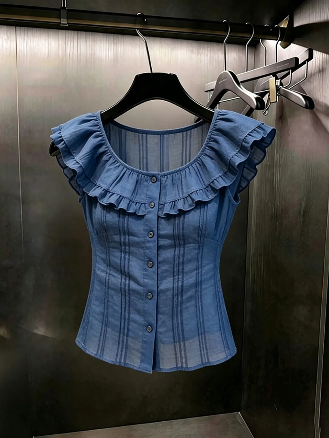 

Slimming Effectiveness Summer New Style Women's Shirt Korean Waist Inward Design Short Sleeve Commute Fashion round Neck Top
