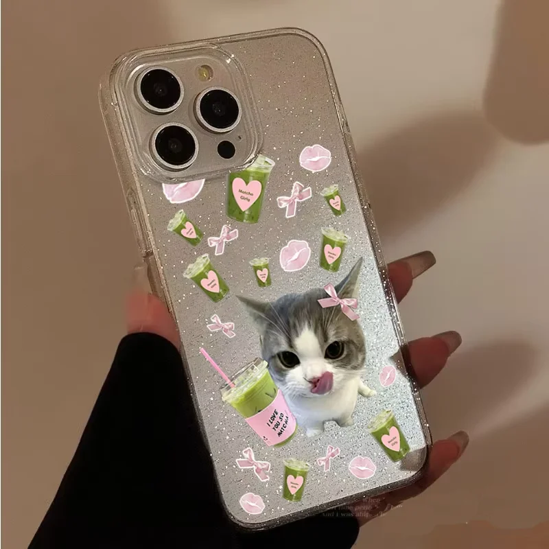 Cute Matcha Cat Pattern Kawaii Cartoon Phone Case For iPhone 17 16 15 14 13 12 11 Pro MAX XR XS 7 8 Plus Mini 17air Clear Cover view 2