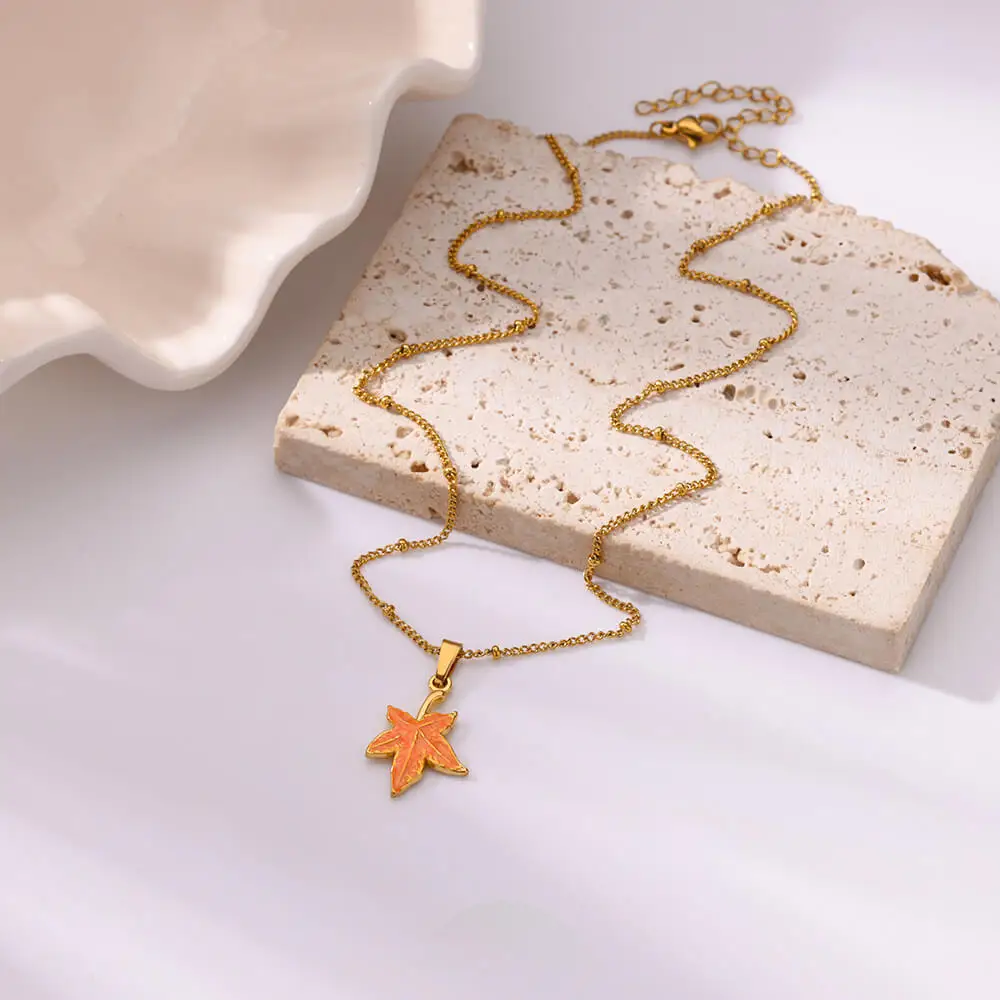 Stainless Steel Colorful Maple Leaf Pendant Necklace For Women Girls Fashion Gold Color Neck Chain 2024 Trendy Jewelry Gift