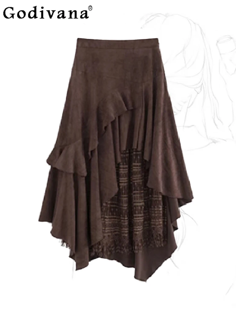 

Большой размер, французская ретро кружевная нерегулярная темно-коричневая юбка, весенне-осенняя универсальная длинная юбка с высокой талией, уменьшающая возраст
