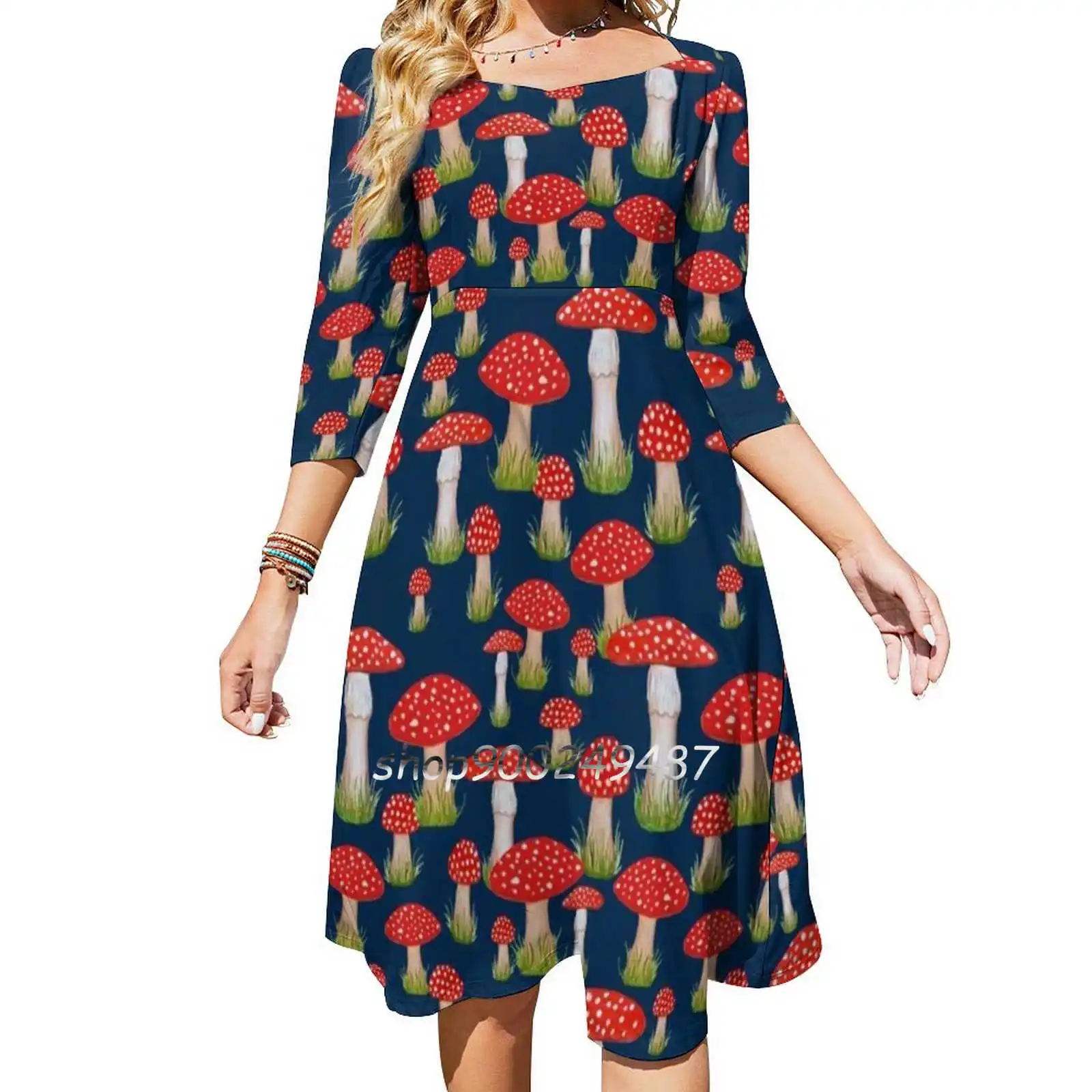 Red Mushrooms And Red Toadstools Flare Dress Multiple styles Print Dress Short and Long Sleeve Dress Red Toadstools Red