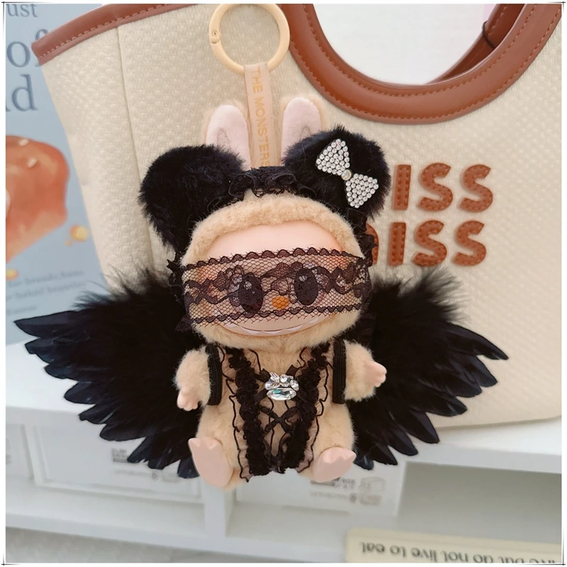 

Одежда Labubu, модная сказочная одежда в стиле Labubu, кулон, повязка на голову с черными кошачьими ушками, кружевной костюм с крыльями, 15/17 см, плюшевая кукла, универсальная