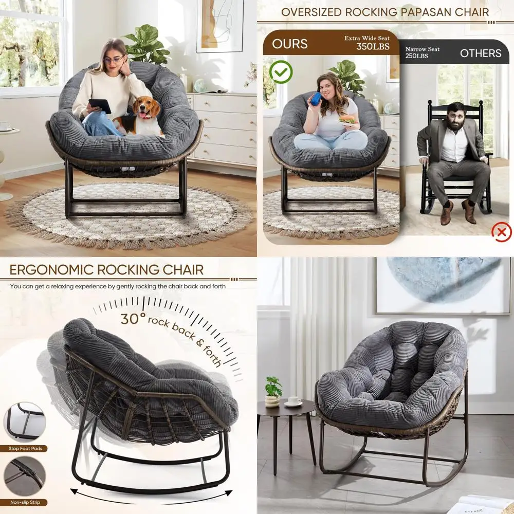 

"Spacious Indoor Oversized Papasan Rocking Chair with Plush Cushion and Sturdy Frame, Cozy Corduroy Upholstered Wicker Egg Rocke