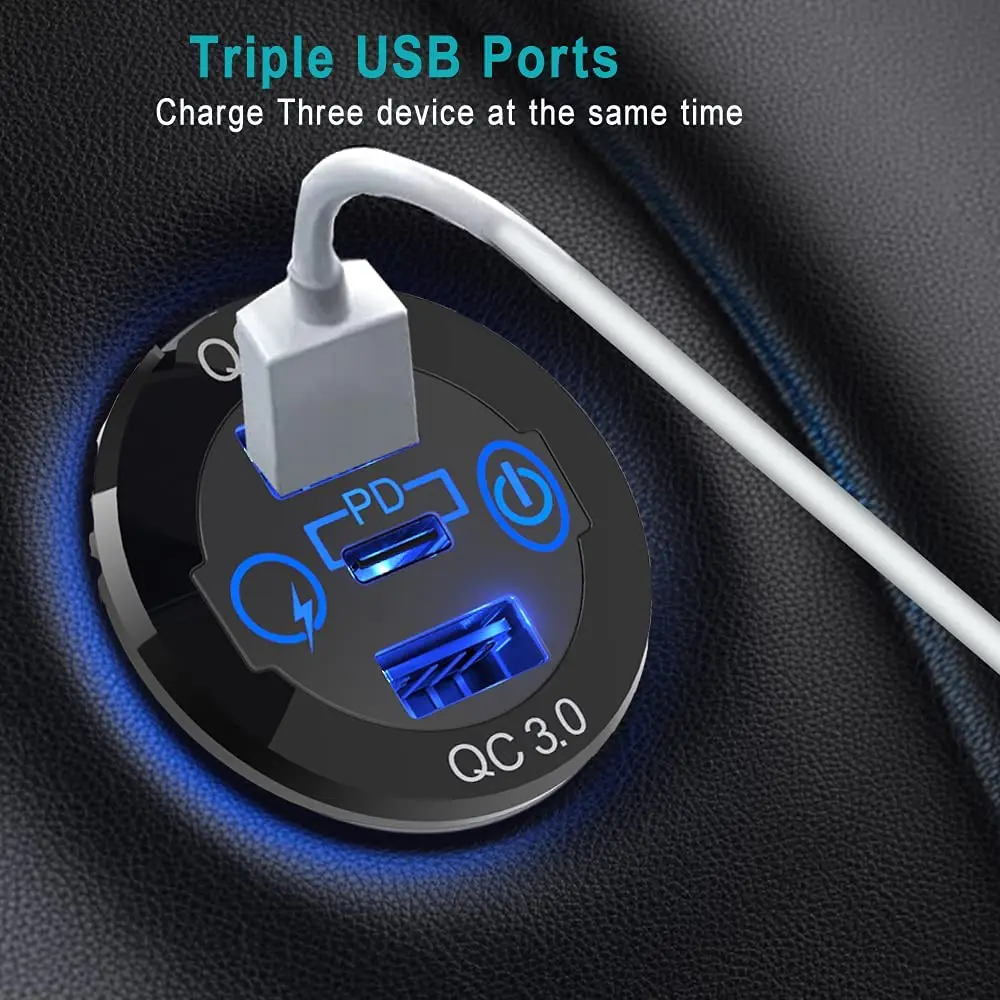 12V/24V Triple 60W USB C Car Charger Socket USB Outlets PD & 18W QC3.0 Aluminum Metal Car Socket Adapter with Touch Switch