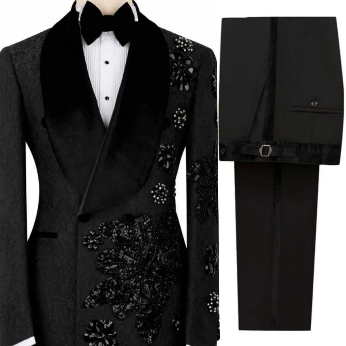

Stylish Jacquard Men Suits Customized 2 Pieces Double Breasted Shawl Lapel Pant Sets Crystals Beaded Outfits