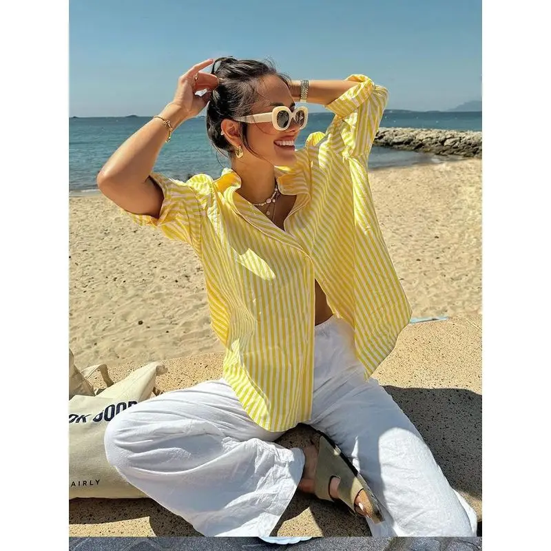 

Ele женский повседневный свободный топ в желтую полоску, модный женский костюм осень 2021, этническая модная одежда