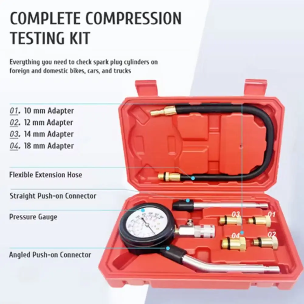

Professional Engine Compression Test Kit M10/12/14/18 Adapter 0-300 PSI Pressure Gauge Tester Automotive Cylinder Tester Kit