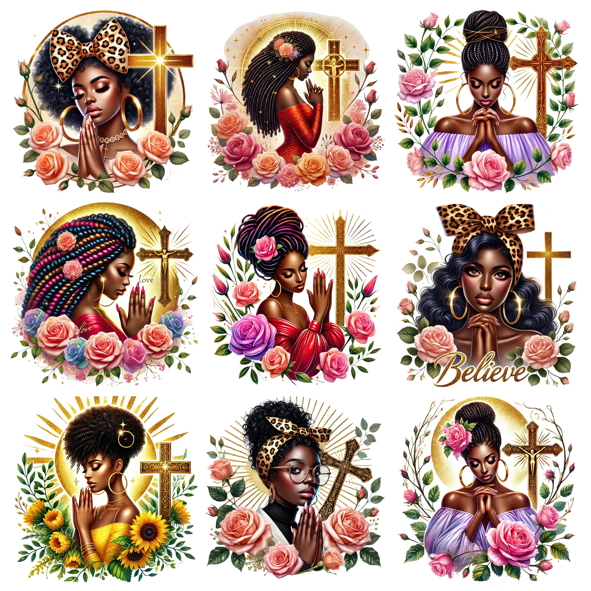 

9 Pcs Faithful Women With Crosses iron on decals Transfers Sticker On Clothes DTF Transfers Ready Iron on Decals for T Shirts