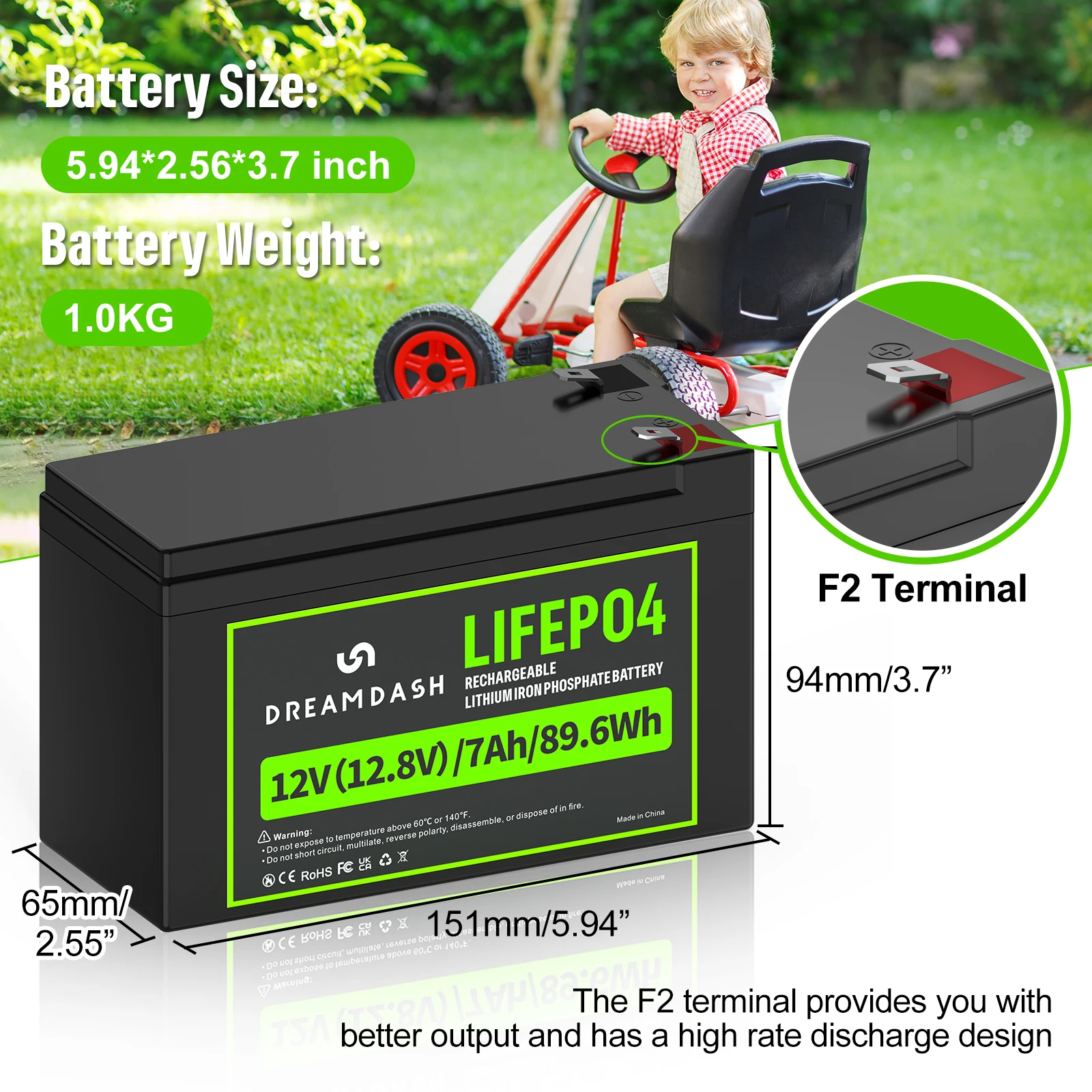 Dreamdash 12V 7Ah LiFePO4 Battery 89.6Wh Rechargeable Lithium Iron Phosphate Battery Built-in BMS F2 Terminal for Kids Ride On Car UPS Solar Gate Opener Emergency Light RV Golf Cart Ship from US UK PL