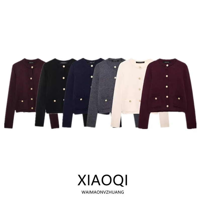 Fall Winter New Arrival Women's Knitted Long Sleeve round Neck Coat Golden Button Decorated Regular Length Cardigan
