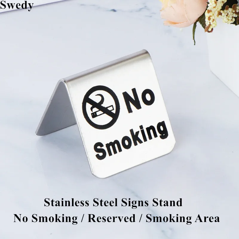 10 Pieces Stainless Steel Tabletop No Smoking Sign Stand Double Sided Warning Reserved Sign Display Board Table Number Stand