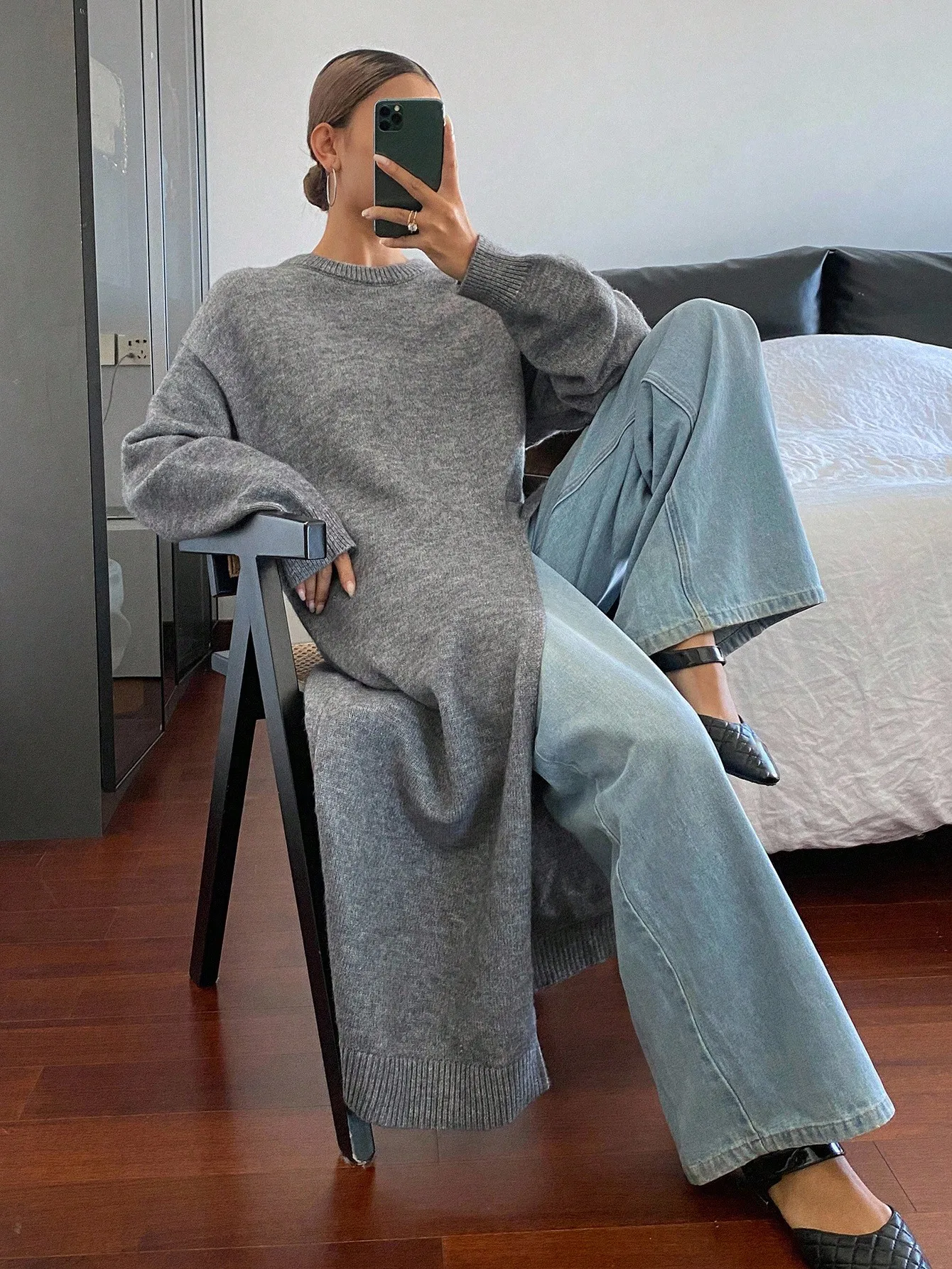 

Women's Oversized Gray Knit Sweater Dress with Split Hem, Casual Autumn Style