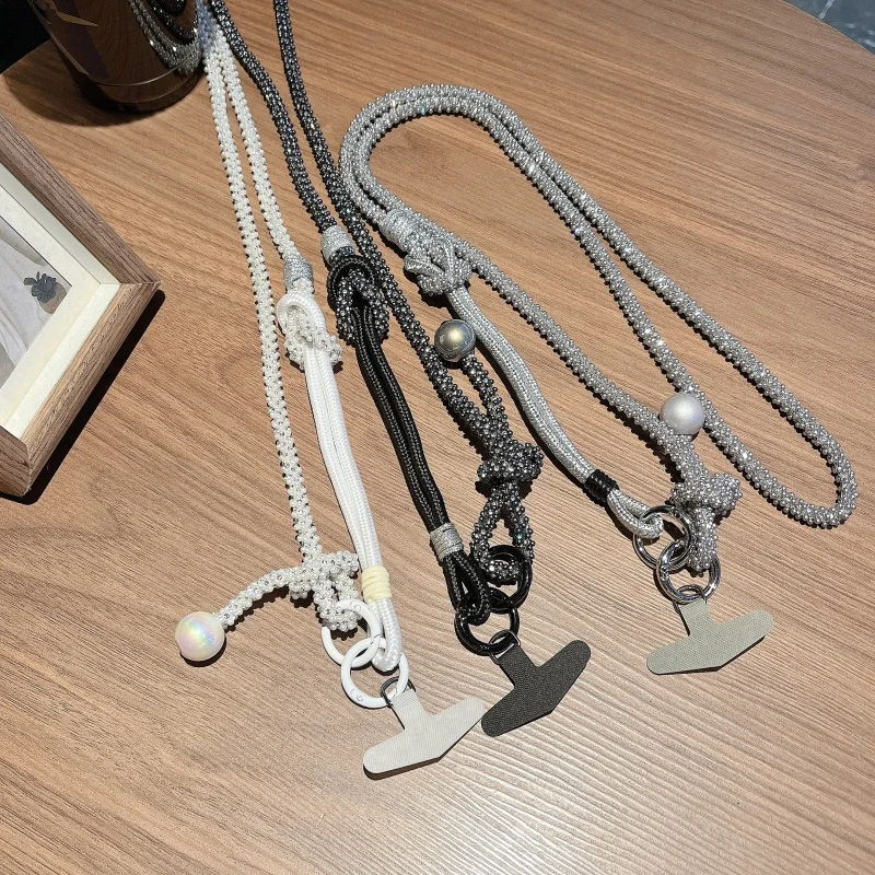 New Luxury Sparkle Rhinestone Bead Phone Strap Charm Long Chain Knot Cellphone Lanyard Keychain Bag Camera Diagonal Hanging Rope