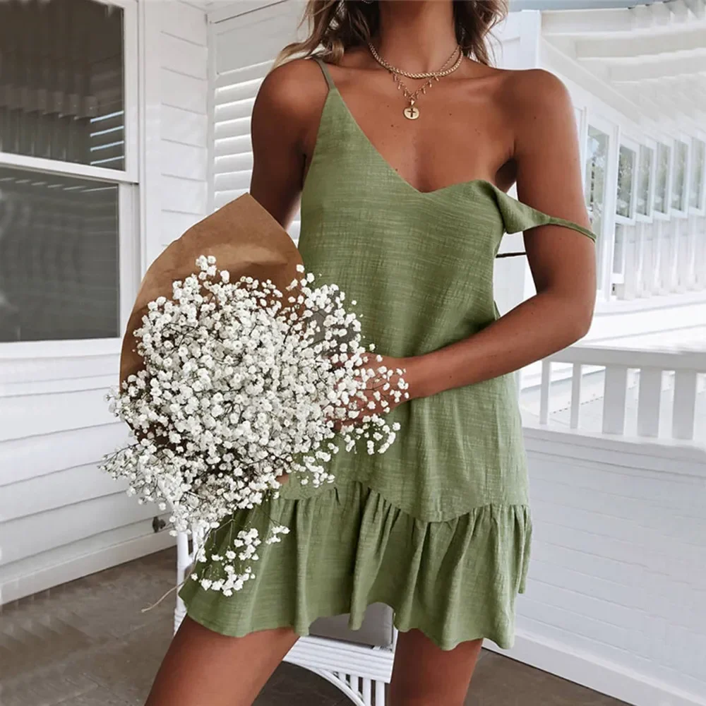 Dress Women Sexy Spaghetti Strap Ruffle Summer Dress 2024 Cotton Linen Vestidos Green Dresses Off Shoulder Sexy Mini Sundress