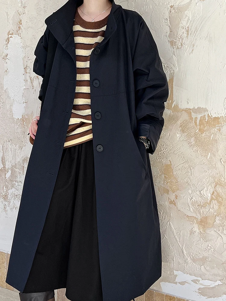 DEAT Trench Coat Single Breasted Stand Collar Pocket Loose Solid Color Long Women's Causal Overcoat  2025 Spring New Tide 15C878