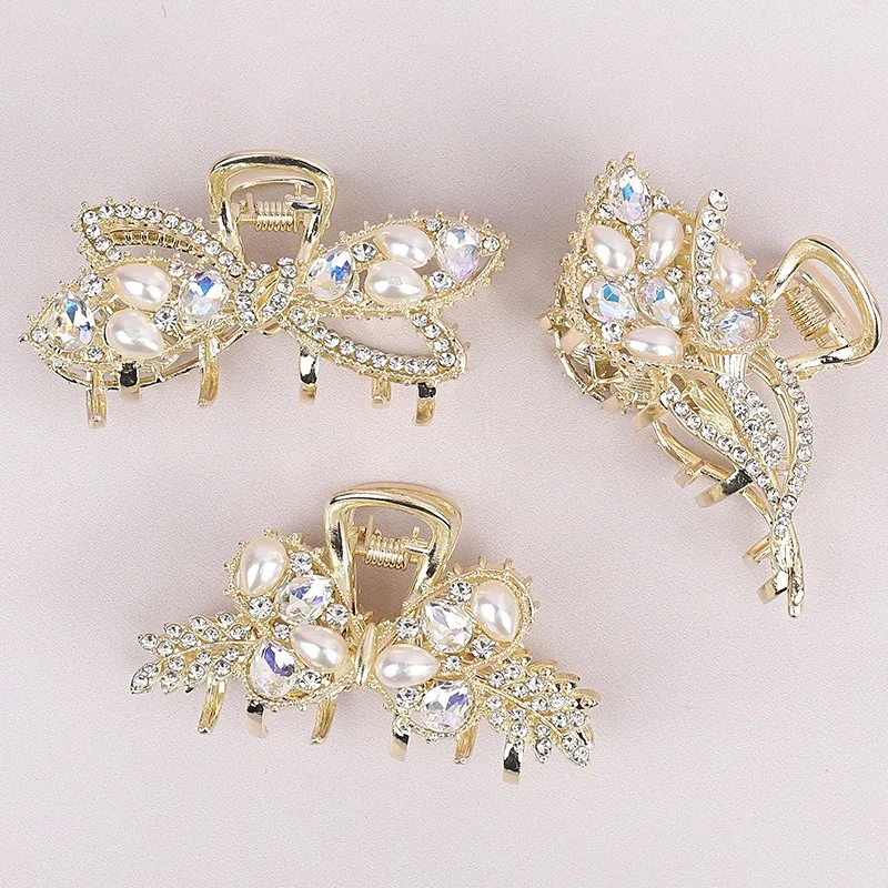 Antique Pearl women's Butterfly Crab hair clips high-end claw clip alloy inlay hairpin rhinestones hair pins female barrettes