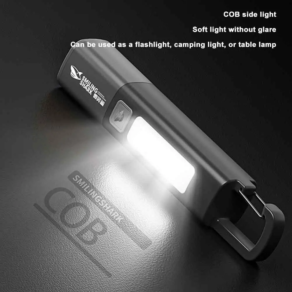 Smiling Shark SD1023 LED Torch Light XPE Super Bright Flashlight with Hook Camping Light USB Rechargeable Zoomable Waterproof