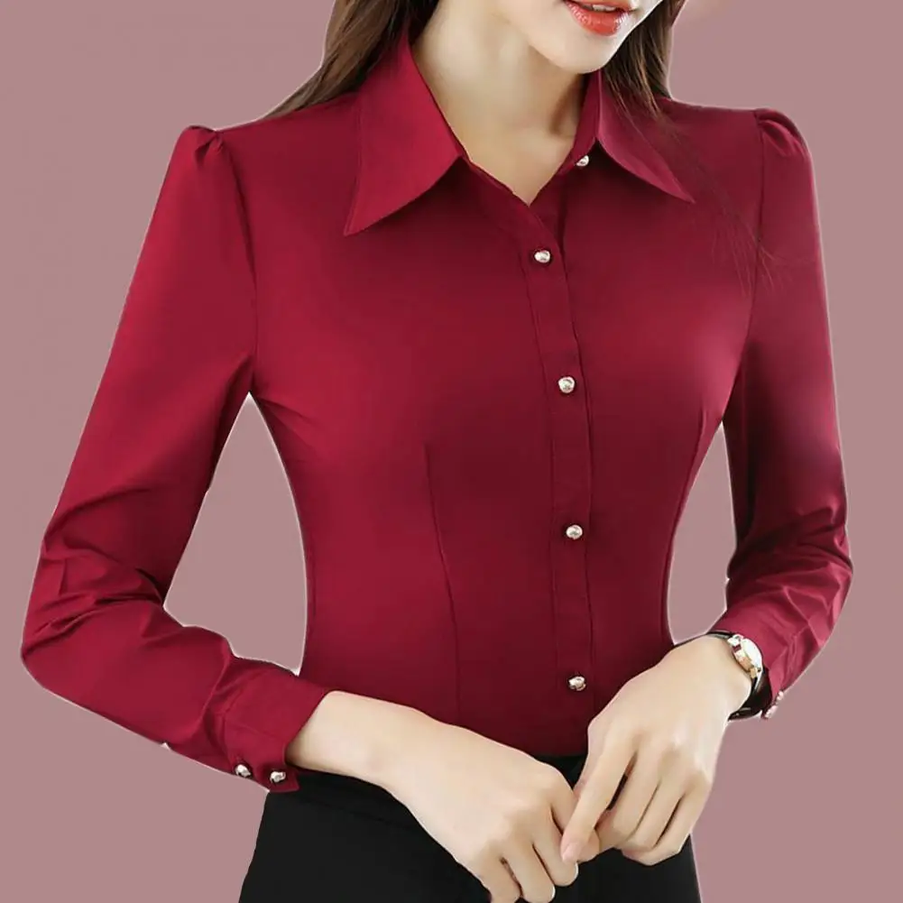 Commute Women Shirt Single-breasted Dignified Enhance Beauty Image Polyester Solid Color Long Sleeve Formal Shirt For Workplace