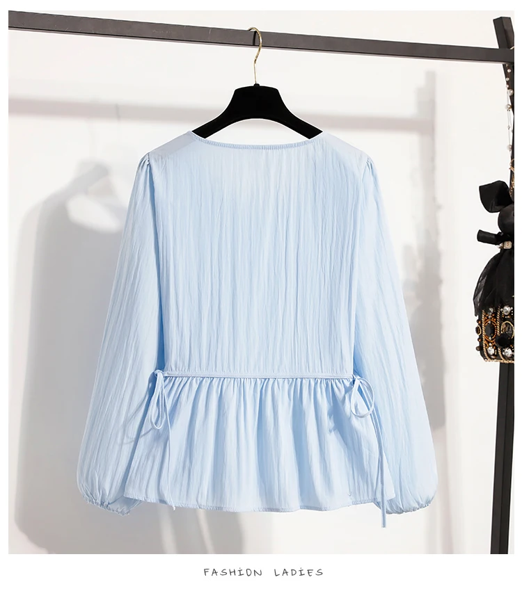 2026 Weiße Bluse mit Kordelzug-Taille, langen Ärmeln, lockerem Schnitt, verjüngendem Peplum, Babydoll-Stil, lässiges Top aus Crinkle-Stoff – Detail 18