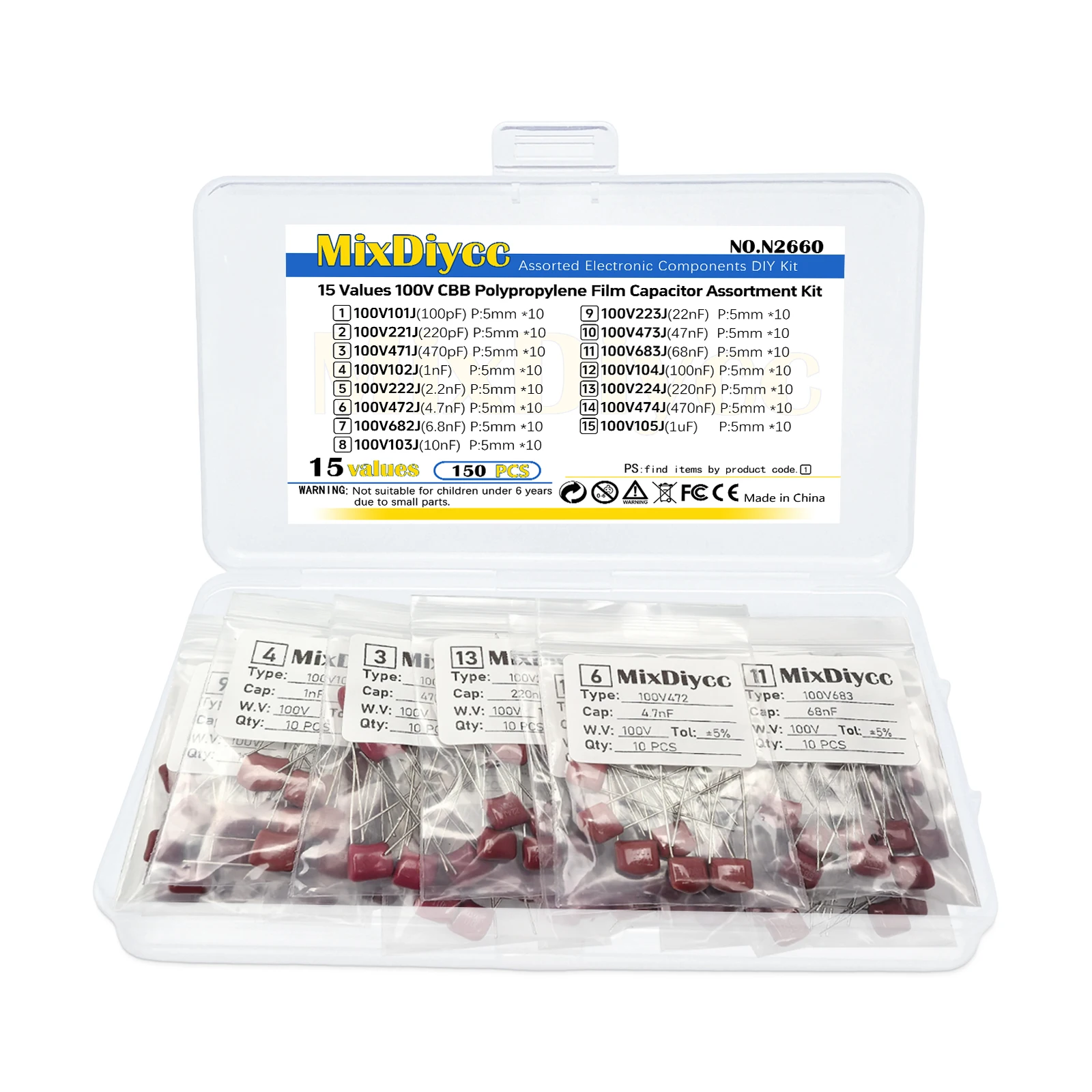 15 Values 100V CBB Polypropylene Film Capacitors kit 101J/221J/471J/102J/222J/472J/103J/473J/104J/224J/474J/105J Total 150 Pcs