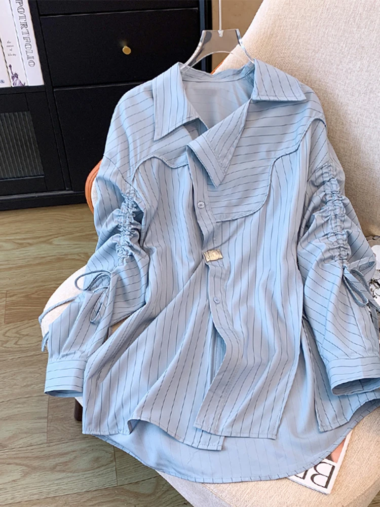 Women's Blue Striped Shirts and Blouses Vintage Y2k 90s Aesthetic 2000s Elegant Long Sleeve Shirt Japanese Fashion Clothes 2025