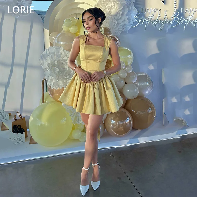 

SoDigne Cute Bow Tie Yellow Satin Evening Dresses Square Collar Backless Party Dress A-Line Home Coming Prom Gowns