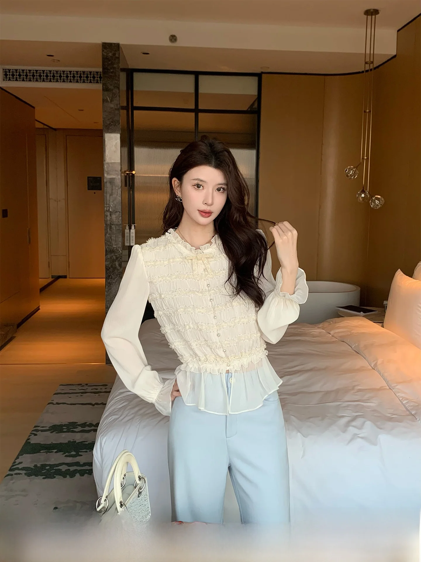 

KunZong Lilia Embroidered Slim Fit irt Women's Sle Casual Straight Tube Long Sve Polyester Breathable round Ne Top
