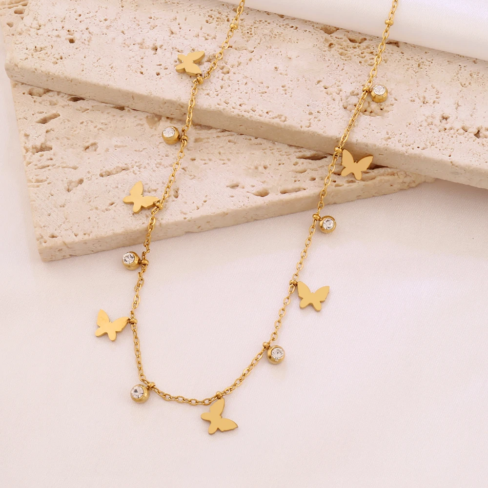 316L Stainless Steel Butterfly Tassel Pendant Necklace For Women Fashion Gold Color Zircon Charms Chain Necklaces Jewelry
