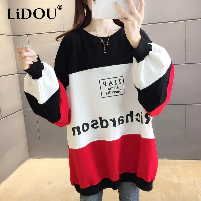 Autumn Winter Round Neck Casual Fashion Patchwork Oversized Sweatshirt Women Streetwear Loose Hipster Jumper All-match Pullover