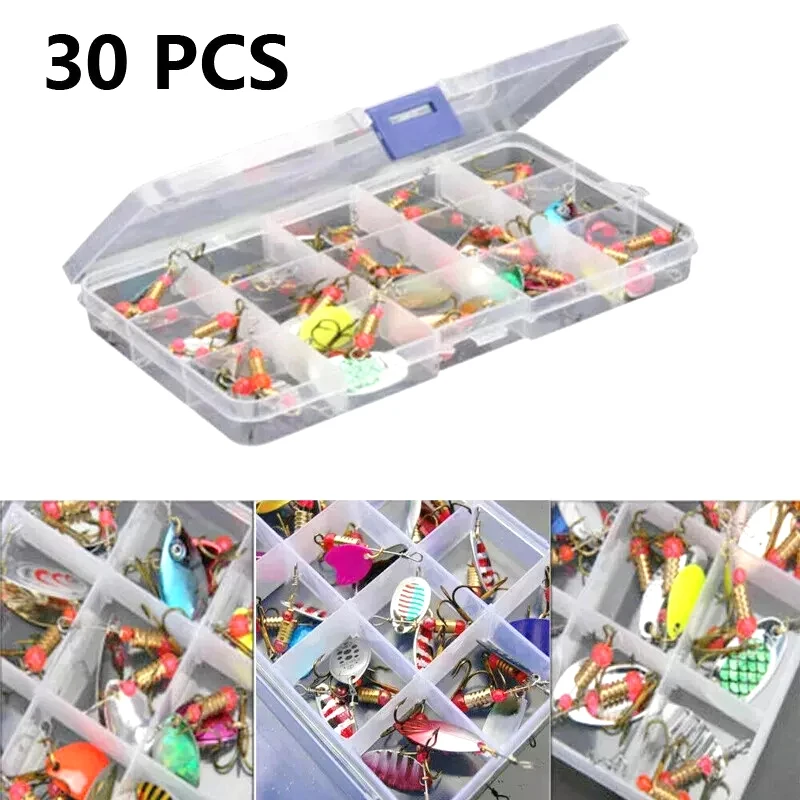 30pcs/Lot Spinners Fishing Lure Kit Metal Sequin Spoon Hard Bait Fishing Wobblers Set Fishing Tackle Isca Atificial Lure