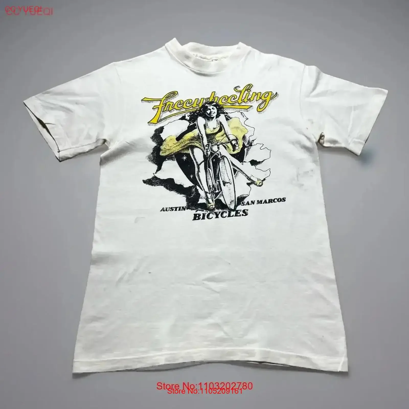 خمر 70s أوستن تكساس Freewheeling دراجة دراجة متجر سام ييتس تي شيرت صغير غسلها موضة أنيقة امتدت خمر